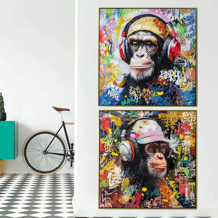 Affenbilder auf Leinwand moderne Straßenkunst bunte Baboon Musik hören Poster und Drucken Haus Wanddekor Bilder