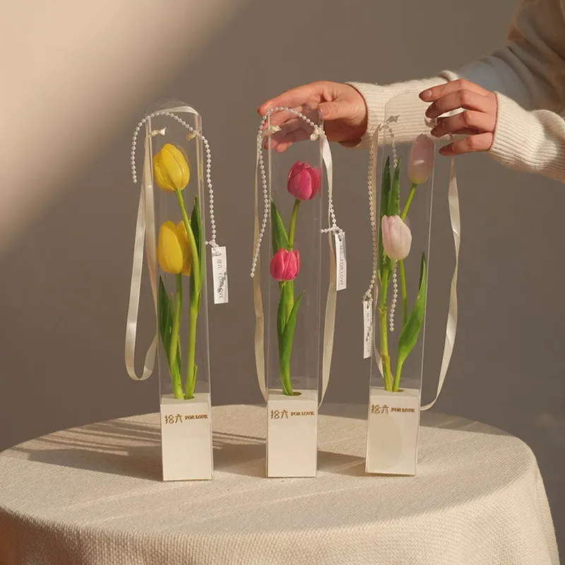 Caja de flores portátil individual, embalaje transparente de PVC, floristería para boda, día de la madre