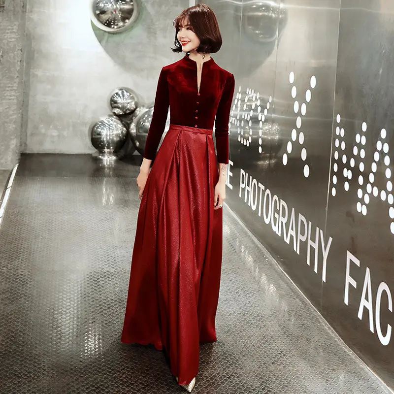 Vestido Rojo Vintage para mujer, elegante, ajustado, de manga larga, de terciopelo, para fiesta, oficina, Otoño e Invierno