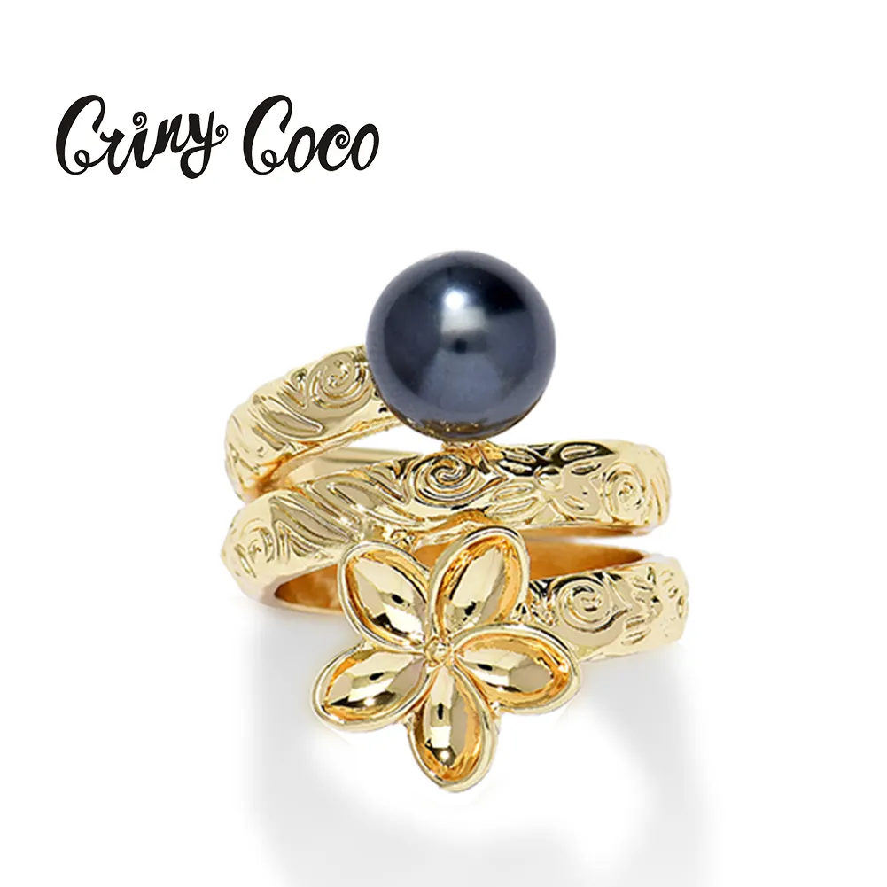 Cring CoCo – bague en cristal plaqué or, perle ajustable, émail, gros bijoux, fleur, bagues hawaïennes, 0.99USD