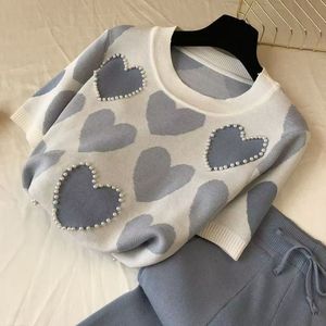 现货供应女式毛衣短袖柔软圆领女式套装色块爱心图案拉绳毛衣 - Product Image 3