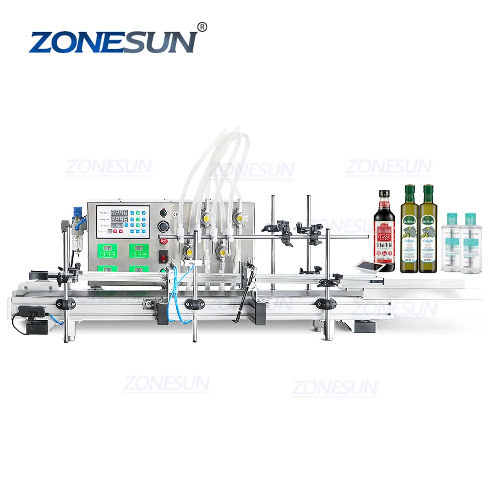 ZONESUN 4 सिर 0-1000ML स्वत: चुंबकीय पंप तरल बोतलें पानी भराव आवश्यक तेल इत्र भरने की मशीन
