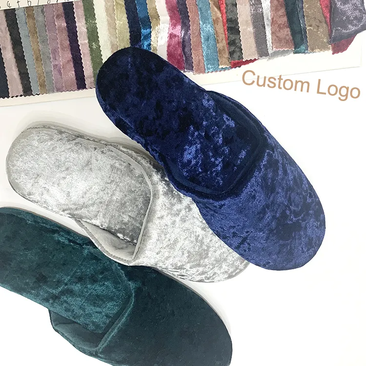 Wholesale Unisex Luxury Soft Thick Memory Foam Indoor Morning Night Closed Toe Green Hotel Velvet Slippers logo