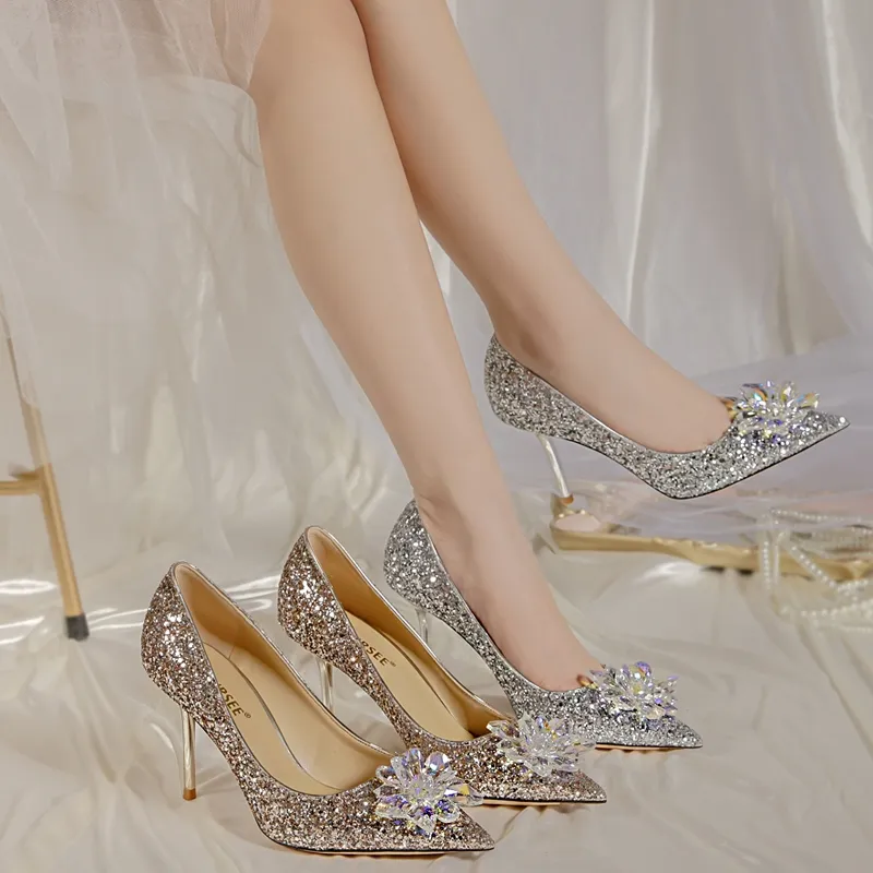 Zapatos de tacón alto de lujo para mujer, tacones brillantes de princesa de cristal, para fiesta, dama de honor, novia dorada