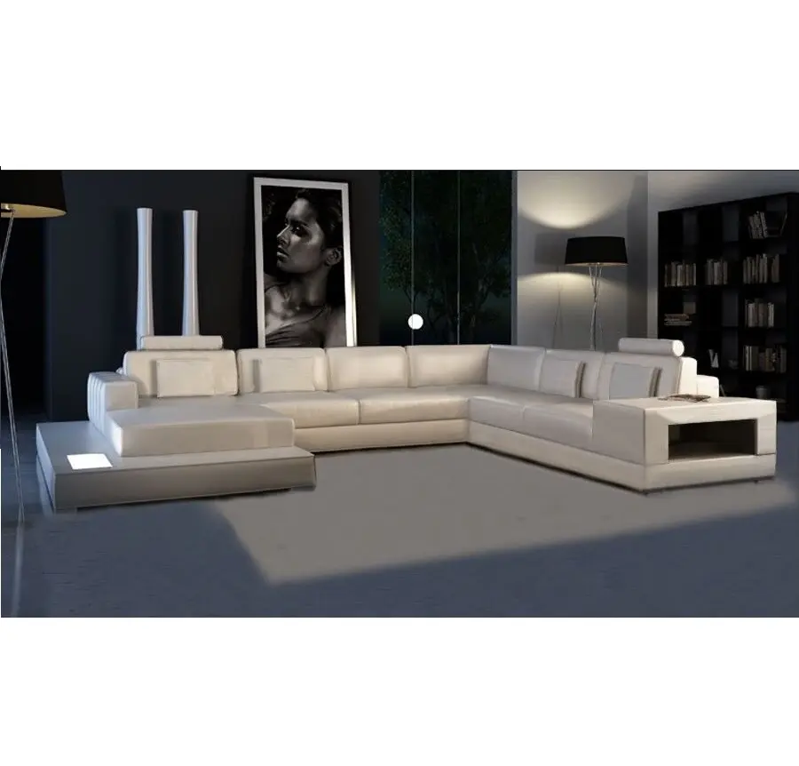 Conjunto de sofá de sala de estar em forma de u, sofá de couro genuíno branco fora