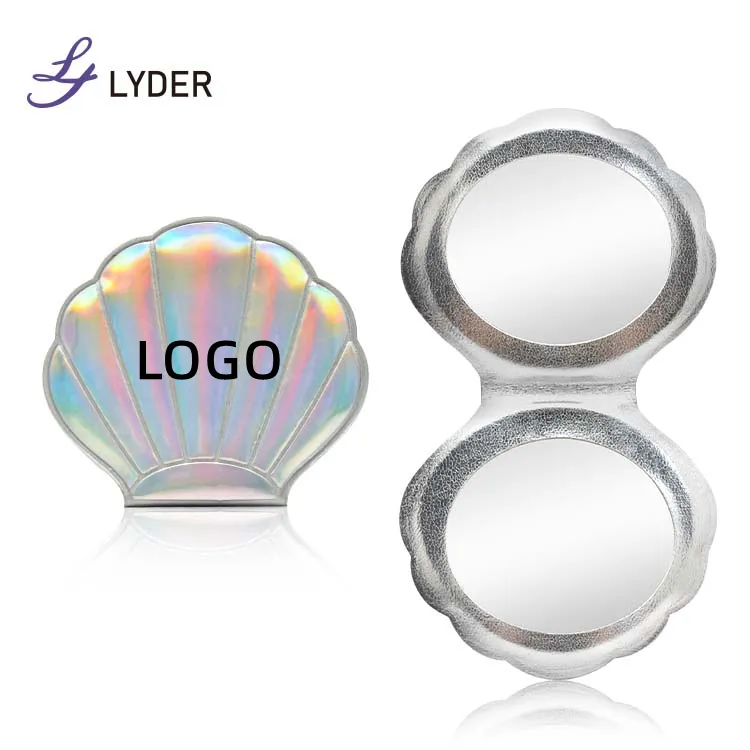 Lyder Coquillage Forme Argent Verre Pliable Double Face Cadre En Cuir PU Portable Mini Poche À Main Miroir De Maquillage Compact