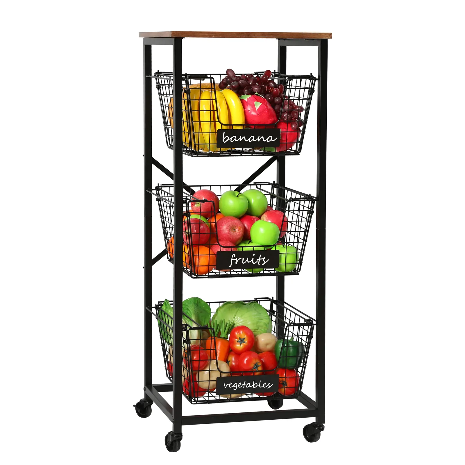 Soporte de alambre de metal de 3 niveles apilable, cesta de almacenamiento, organizador de carrito, cesta de frutas y verduras desmontable, estante con rueda