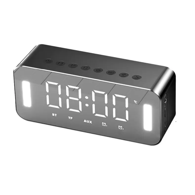 Relógio de mesa espelhado, alto falante bt, luz digital de led, mesa de mesa, rádio fm, despertador, relógio calendário eletrônico