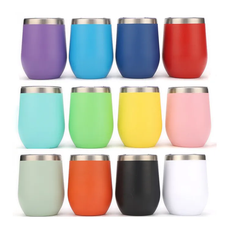 Gobelets à vin en acier inoxydable personnalisés en gros sans tige de 12 oz avec couvercle et paille tasses à vin en verre isolées sous vide de 12 oz