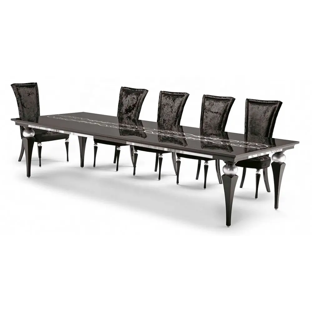 Conjunto italiano moderno de alta brilho preto, pintado longo mesa de jantar e 10 cadeiras de jantar conjunto com armário