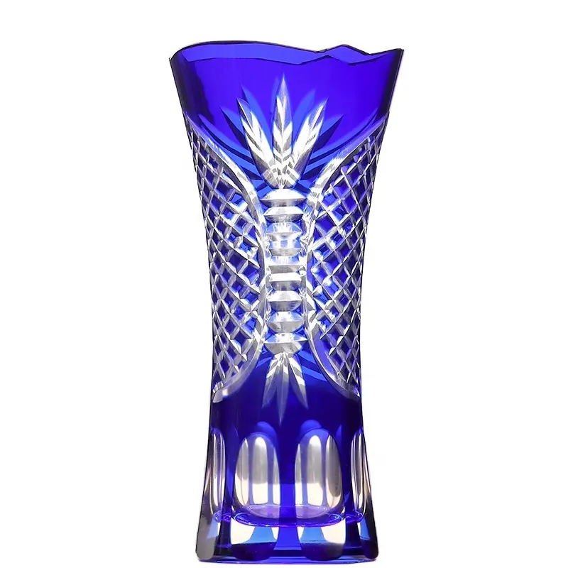 Blaue hand geschnitzte Glasvase Wespen taille Blumenvase Home Decoration Großhandel hand geschnitzte Glas blumenvase