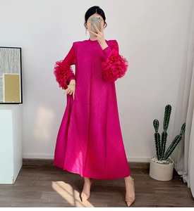 Popüler yeni Vestido tarzı düz renk mizaç gevşek büyük pilili kadın zarif boy elbise tasarım uzun elbise - Product Image 6