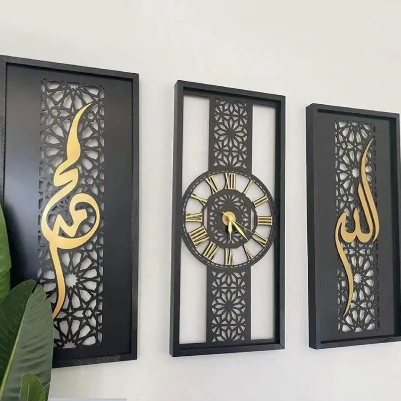 Orologi da parete islamici in metallo di lusso 3 pezzi set di regali di arte della parete dell'orologio della decorazione della casa musulmana