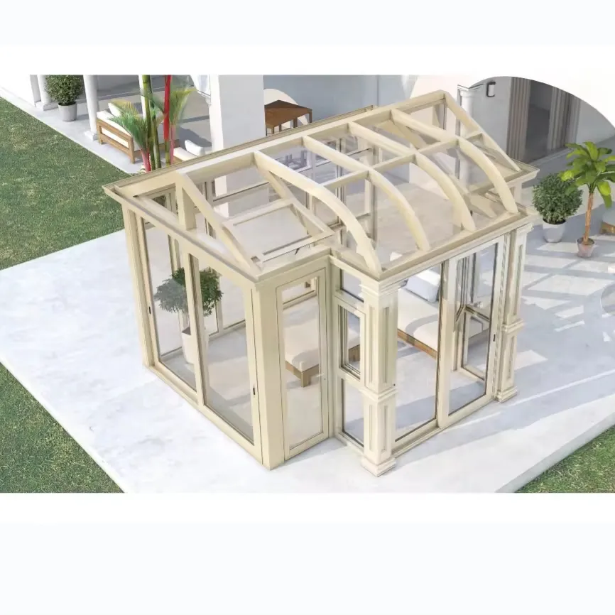 Modern Free Standing 4 Season Glass Sunroom with Aluminum Extrusion Slant Roof Molding for Living Room