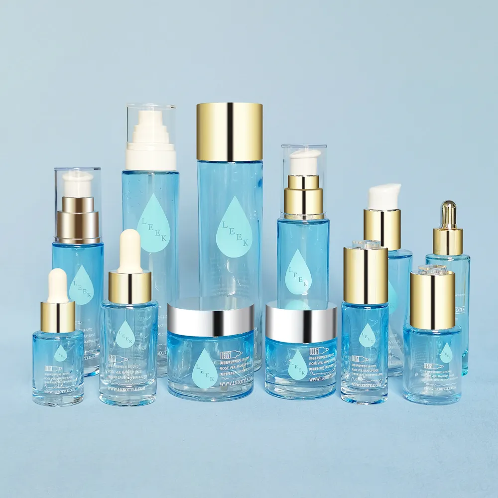Lüks cilt bakımı şişeleri losyon Serum krem kavanoz 15ml 30ml 50ml 200ml üretmektedir cam şişe mavi cam damlalıklı şişe