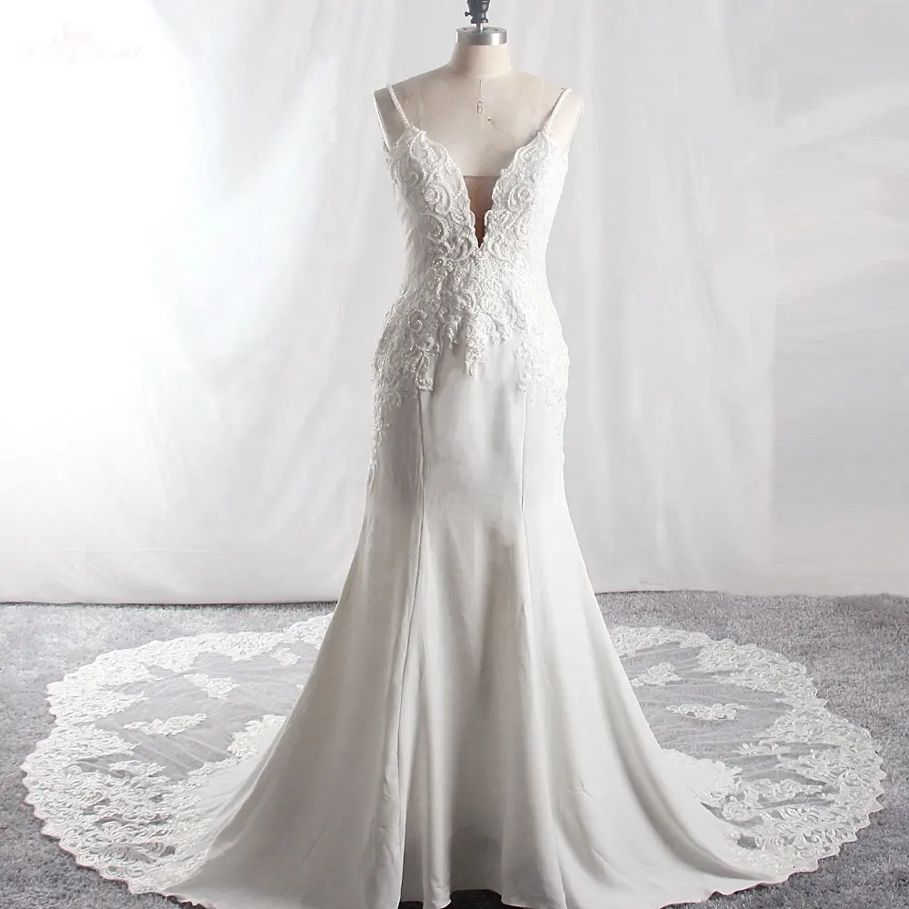 LZ439 Ivory Spaghetti Straps V-Neck Cut-Out Wedding Dresses Heavy Beading Low Back Long Train Mermaid Dress