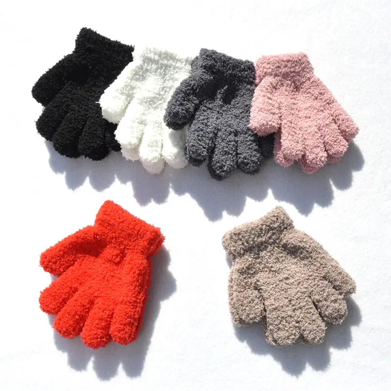 M2113 Soft Thick Plush Manter Quente Dedo Completo Luvas De Veludo 3-6Y Crianças Coral Fleece Knitting Luvas De Inverno para Crianças