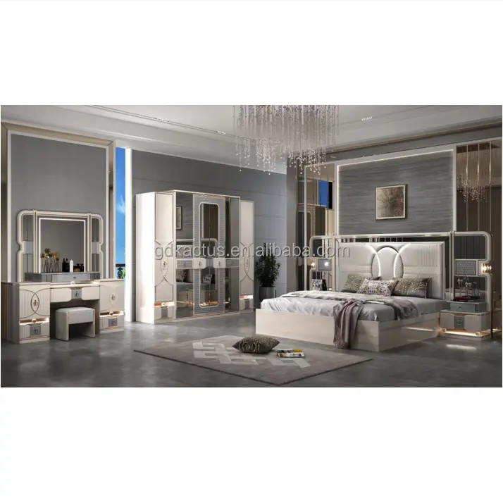 2023 meubles de chambre à coucher en miroir de style romantique pas cher prix peint MDF ensemble de meubles de chambre à coucher en verre miroir