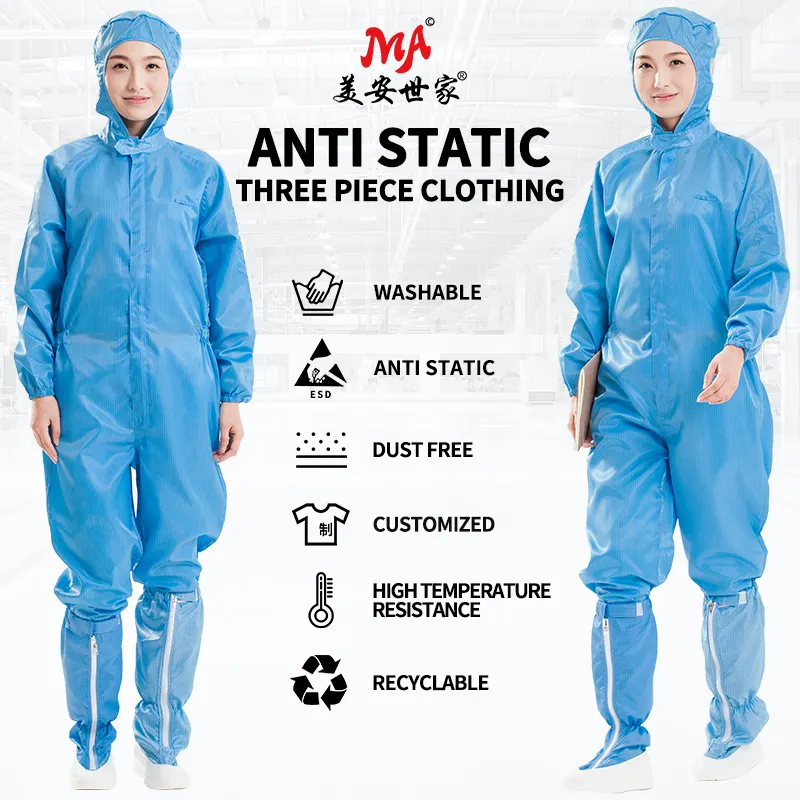 โรงงานขายส่ง Anti-Static ปราศจากฝุ่นสีฟ้า-สีขาวคลุมด้วยผ้าJ Umpsuitการประชุมเชิงปฏิบัติการทํางานสีเสื้อผ้าเสื้อผ้าความปลอดภัยป้องกันฝุ่น