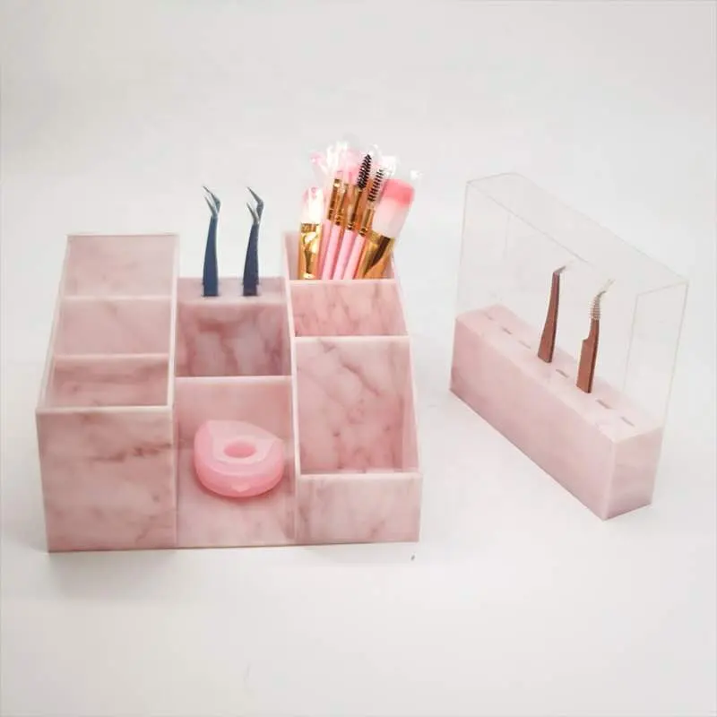 Neue ankunft rosa marmor wimpern verlängerung werkzeuge display private label organizer acryl lagerung box pinzette stehen
