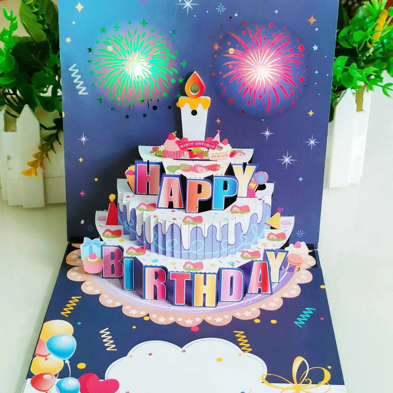 New blowing music greeting card Happy Birthday Stereo card Singing greeting hollowed out paper carving gift 3d Popup Card W075