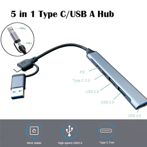5 en 1 puertos múltiples USB C Hub Dock Station con USB 3,0 5Gbps USB 2,0 puertos tipo C adaptador de datos PD para computadora portátil