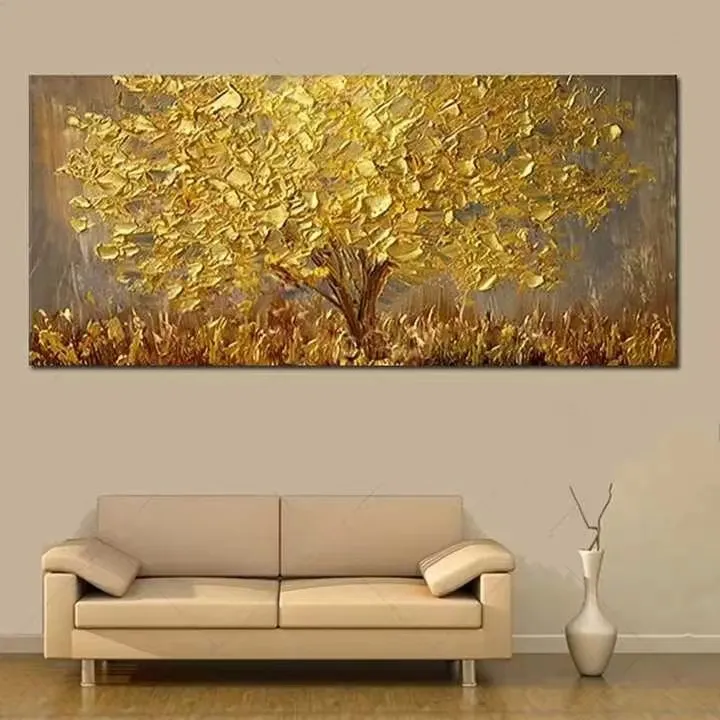 Faca 3D grande pintada à mão, 100x200cm, pintura a óleo moderna sobre tela, árvore dourada, pintura em tela