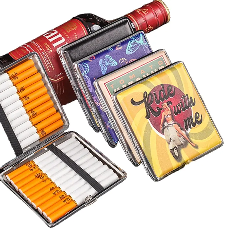 Cool motif carré 20 pièces étui à cigarettes Portable en cuir PU + boîte à cigarettes en métal étui à cigarettes automatique élastique pour les femmes