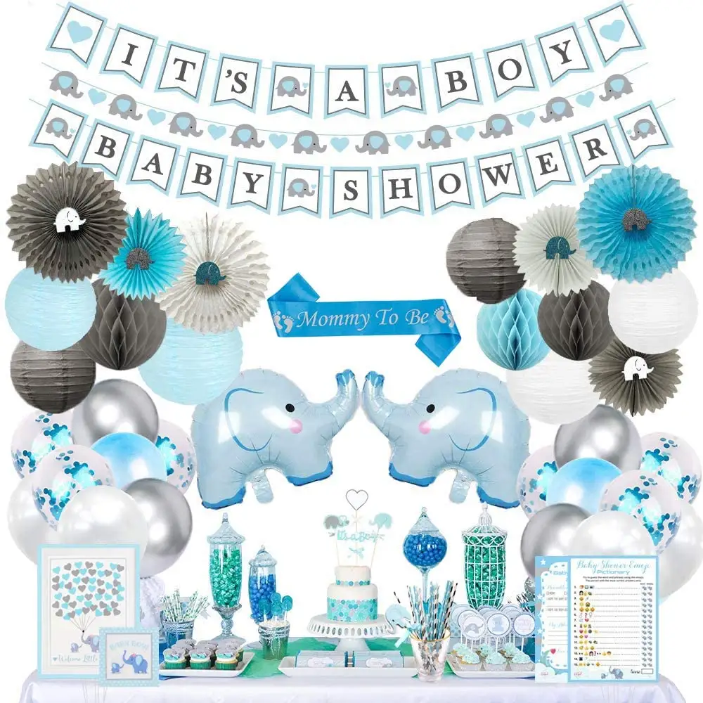 Hkh kits de decoração de papel elefante azul, balão de papel lanterna, bola de colmeia para festa de crianças