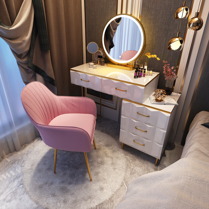 Table commode + armoire + miroir LED + tabouret rose