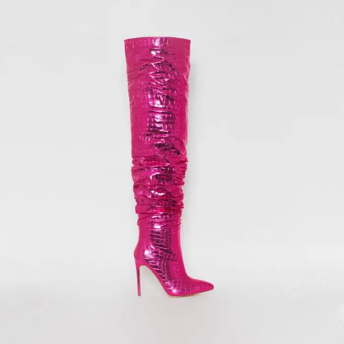 Nouveau style personnalisé rose chaud bout pointu femmes hiver brillant métallique talons aiguilles bottes crocprint large mollet cuissardes bottes