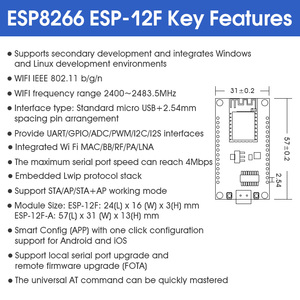 WiFi modülü kiti 4Mbps ESP-12F V/5V pimleri ile 3.3 ESP8266 ikincil geliştirme kurulu şeylerin Internet seri modülü için