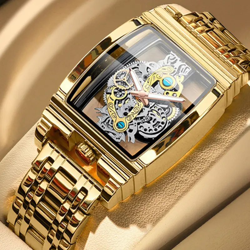 Men Wristwatches Mens Quartz Analog Watch Clock Watches Montre Homme Transparent Hollow Out Quartz Luxury Waterproof Gold Glass