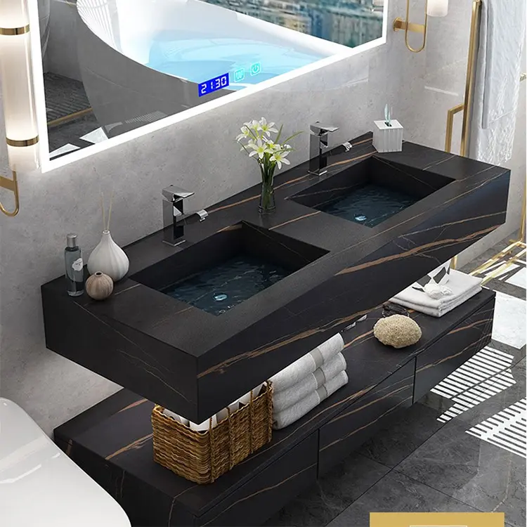 Évier de salle de bain en marbre, Double évier en céramique, lavabo de lavage sous le comptoir, noir, or, personnalisé, lavabo de piscine, Vanity