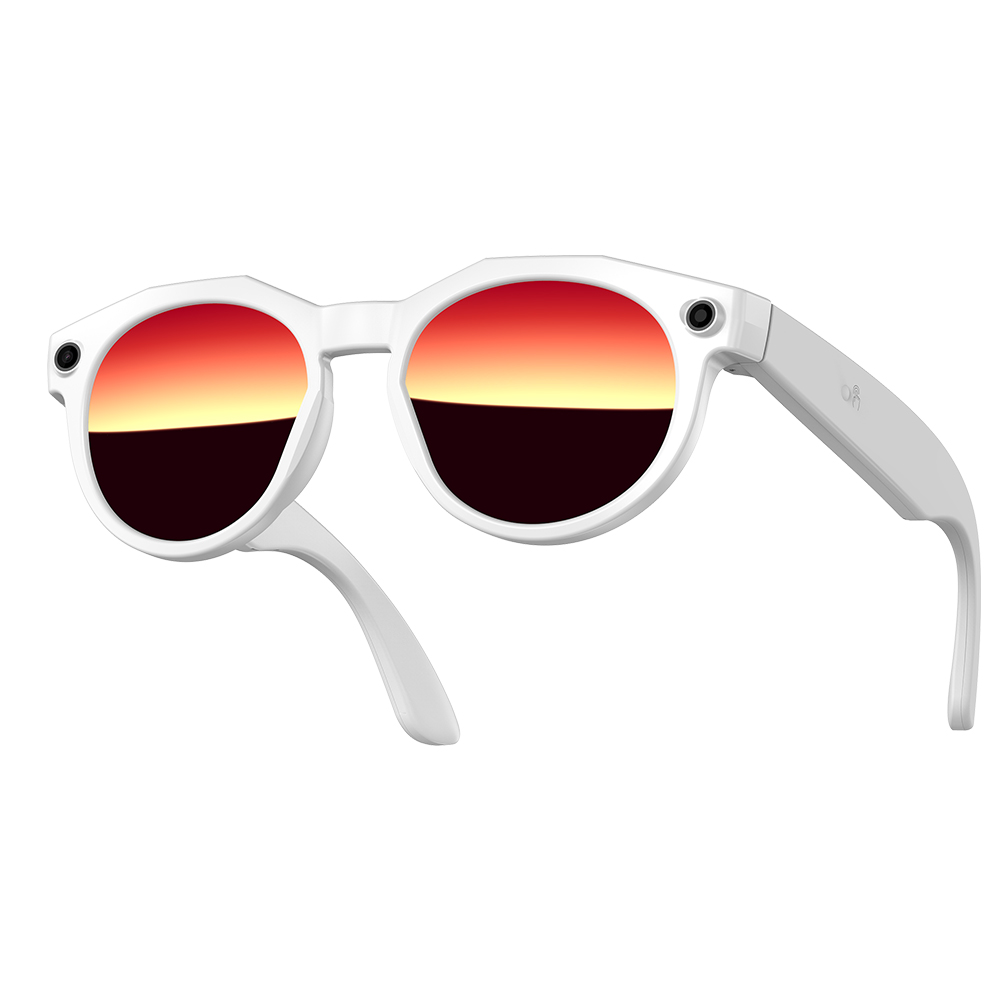 Montura blanca + lentes con revestimiento rojo.