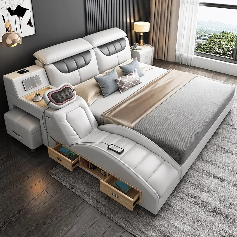Muebles de dormitorio de diseñador de cuero, tamaño king y queen de lujo, conjunto de cama de alta gama de masaje multifunción de almacenamiento de madera para niño y niña