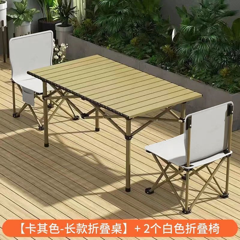 Khaki 95cm long table and 2 36cm folding chairs