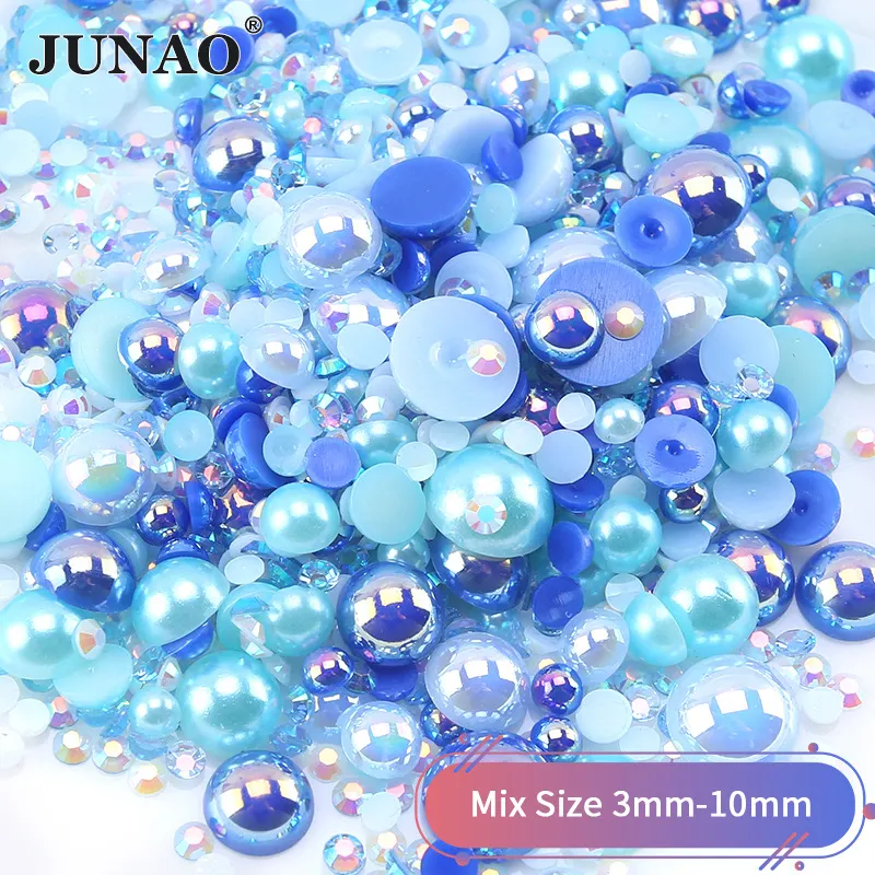 JUNAO perlas tamaño Mixto 3-10mm mezcla de Color caramelo Flatback perlas accesorios para niños resina mixta diamantes de imitación para vestido arte de uñas