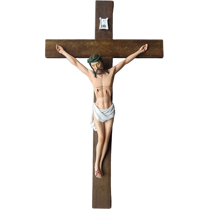 Jesús en la cruz de la pared, 12 '', crucifijo, cruz de madera maciza, estatua de resina alta, estatuilla