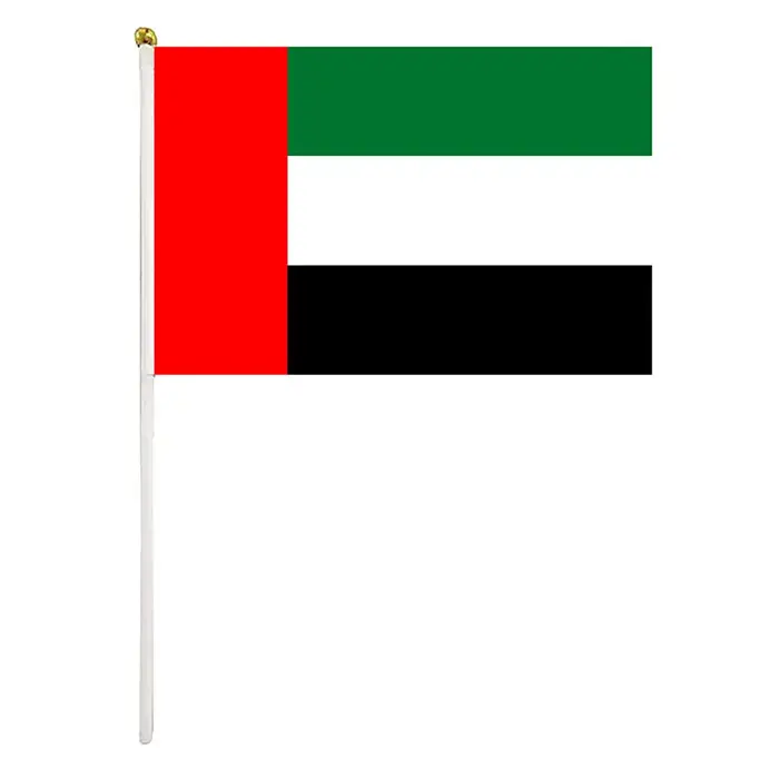 Venta al por mayor de poliéster EAU los Emiratos Árabes Unidos Mini bandera ondeando a mano Buena cortina Con asta de bandera de plástico o madera