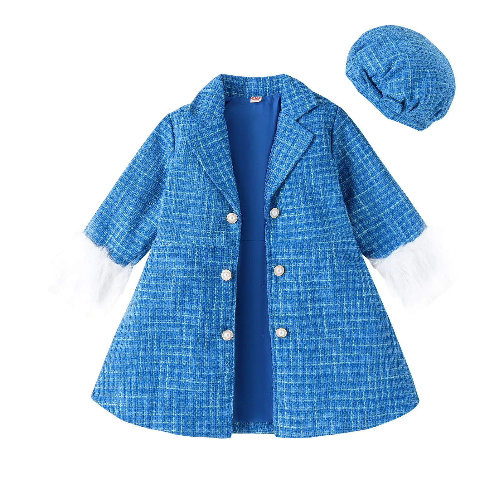 Der britische Winter mädchen anzug blau gestreifter Tweed-Trenchcoat und Hut zweiteiliges Set