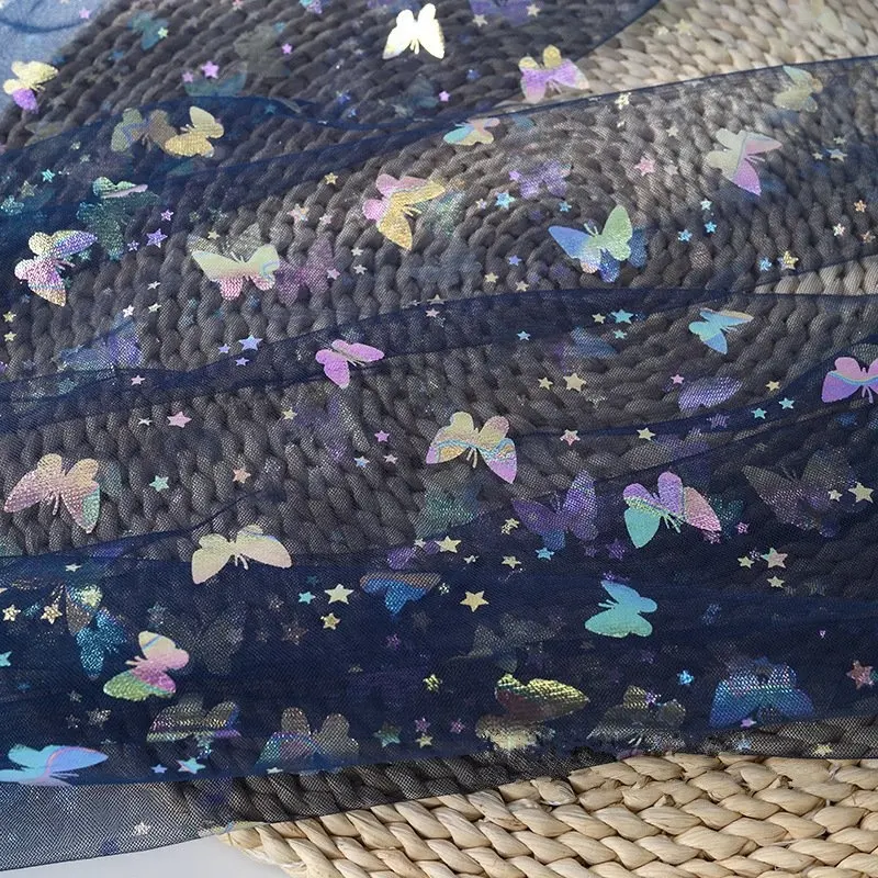 RTS Butterfly Pattern 100% poliestere Foil stampa tessuto a rete a farfalla iridescente per abito