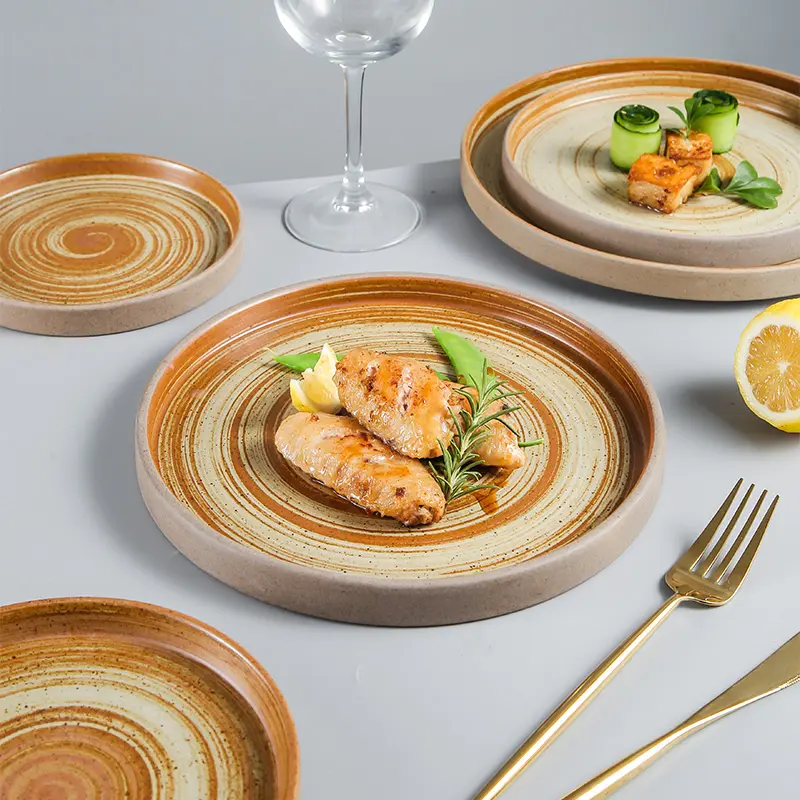 High Temperature Portable Flat Round Pottery Plate Green Color Luxury New Gold Edge Ceramic 8 Inch Restaurant Clay Plates Set