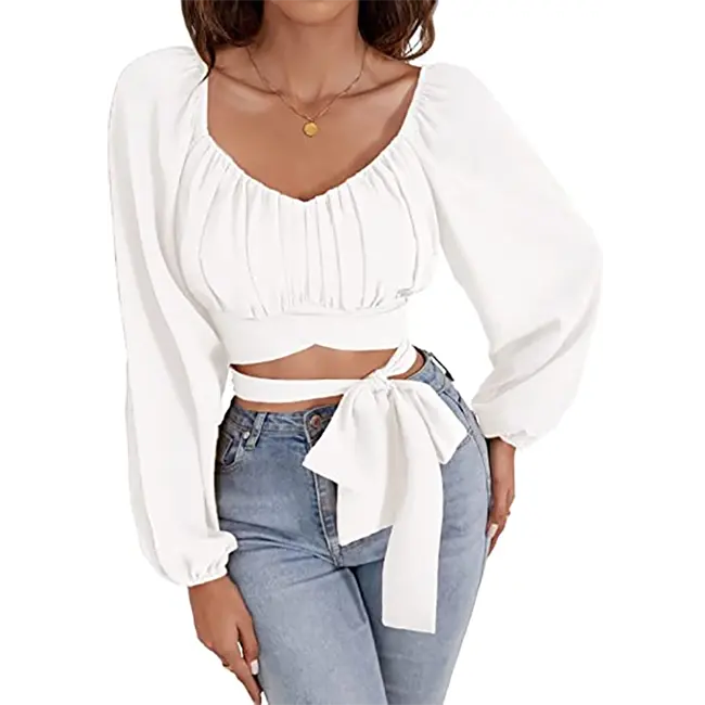 Customize Fabric Wholesale Price Women's Ladies Cute Lantern Puff Sleeve Off Shoulder Self Tie Knot Wrap Crop Tops Bardot Blouse