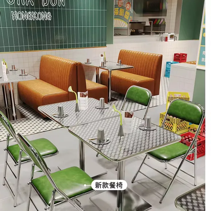 Nova chegada em aço inoxidável estilo Hong Kong para restaurante e café, mesa de jantar verde com 4 e 2 cadeiras e conjunto de cabine