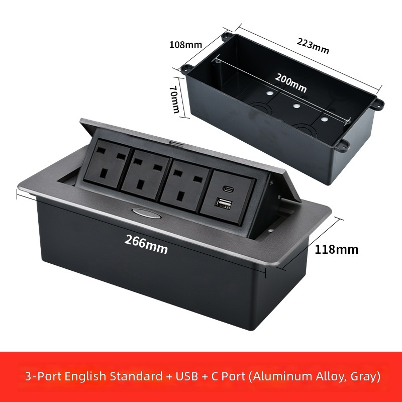 Three-pin power strip+usb+type-c-gray