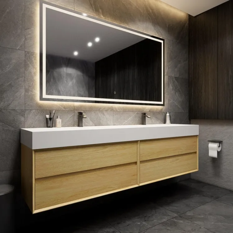 Kabinet meja rias kamar mandi desain Modern kabinet kayu Solid Vanity wastafel ganda kamar mandi Vanity lampu LED
