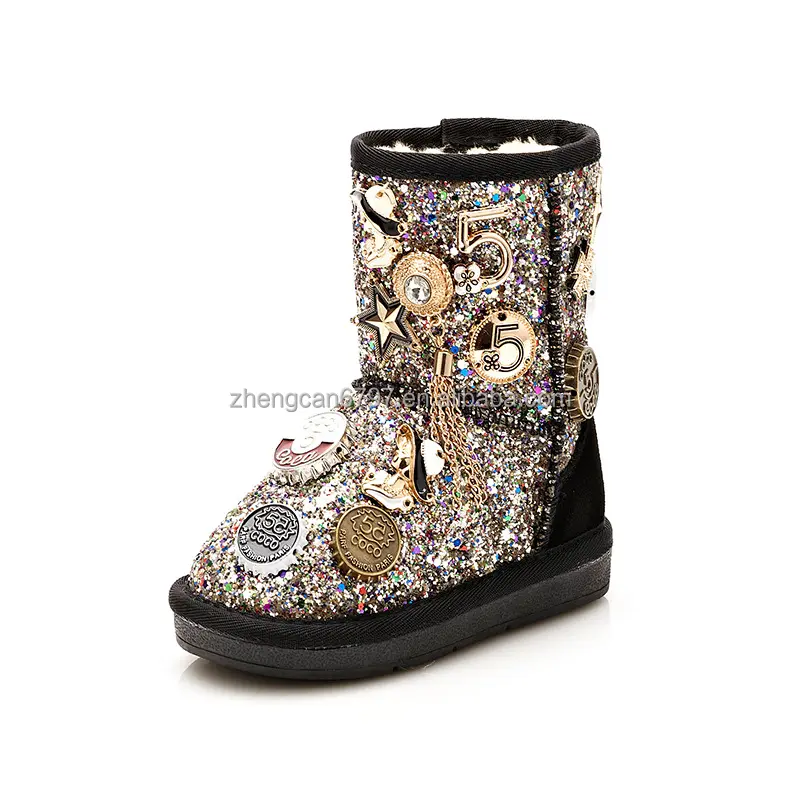 Botas de nieve con lentejuelas para niña, zapatos de lana gruesa y cálida con hebilla de Metal y diamante para exteriores