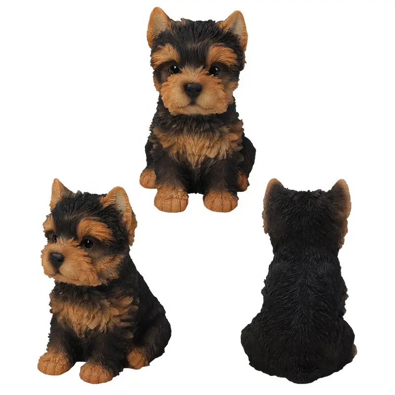 Venta al por mayor de figuritas de Decoración de mesa para el hogar personalizadas estatua de cachorro Yorkshire Terrier de resina pintada a mano