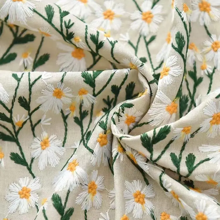 刺繍デイジーリネンラミースイスコットンボイルレース小さなデイジー新鮮な植物カラフルな刺繍リネン生地ホームドレス生地